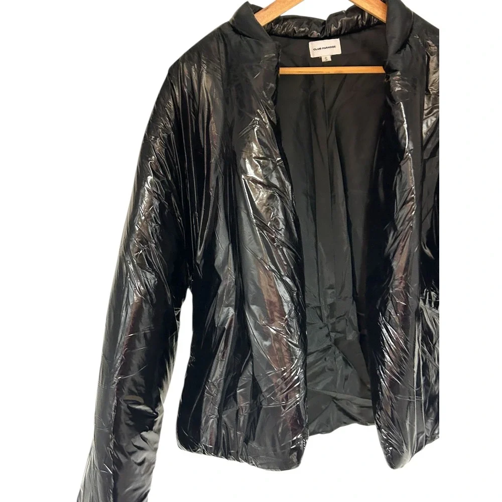 Club Paradise Shiny Black Puffer Jacket Small Glossy Quilted Y2K Streetwear‎